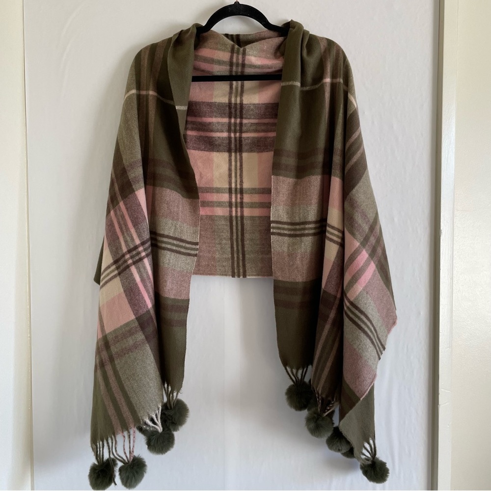 Green Plaid Faux Suede Scarf With Tassels